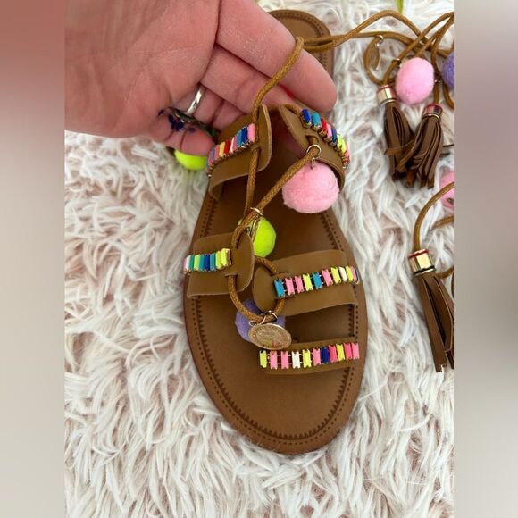 Mascotte NWOT Tan Colorful Pom Pom Coin Jewel Boho Tassel Lace Up Sandals Sz 7 - Picture 2 of 10